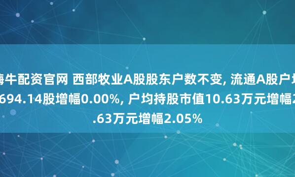 嗨牛配资官网 西部牧业A股股东户数不变, 流通A股户均持股9694.14股增幅0.00%, 户均持股市值10.63万元增幅2.05%